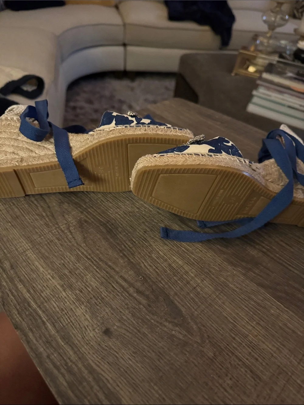 Boden Navy & White Floral Espadrille Wedges with Crystal Embellishment